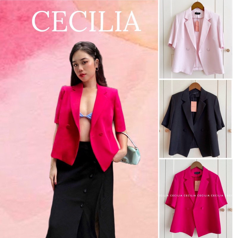 Áo vest blazer 1 lớp CECILIA - CLEMENTINE ngắn tay, dáng suông, ngắn lỡ, mặc mùa hè, 3 màu đen, hồng phấn & hồng sen