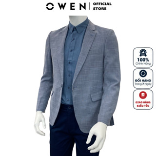 Áo khoác blazer nam Owen BL220692 vest demi công sở kẻ caro ghi vải polyester cao cấp nhẹ thoáng dáng regular fit