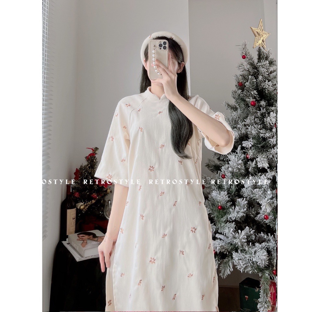 Set áo dài cách tân dạ nhung thêu hoa kèm mấn Jun Store 3251 P0K26