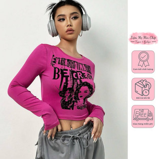 Áo thun hồng dài tay cô gái chữ đen croptop (Hàng Auth)