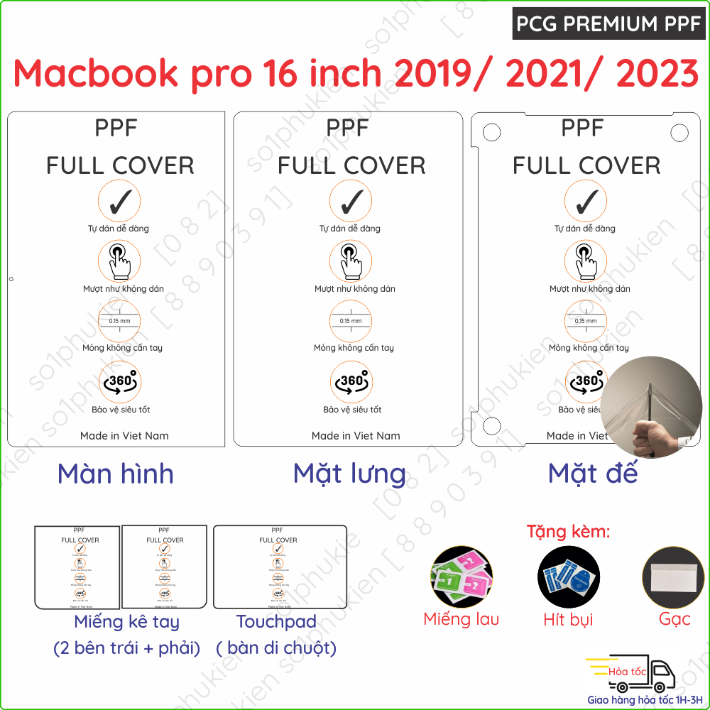 Dán PPF Macbook pro 16 inch 2019/ 2021/ 2023 loại trong, nhám dành cho màn hình, mặt lưng, mặt đế,tự phục hồi vết thương