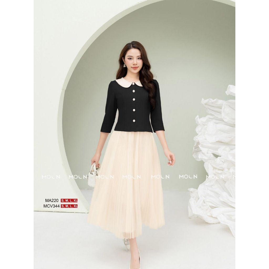 Áo sơ mi chân váy công sở 𝐌𝐎𝐎𝐍, áo sơ mi cổ sen dáng ngắn MA220 chất tex chun chân váy dài xước thái basic MCV376