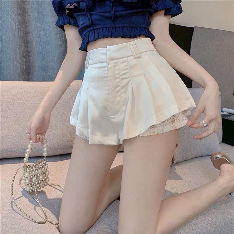 Quần short nữ lưng cao viền ren gợi cảm. quần giả váy xếp ly sexy