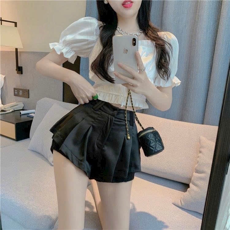 Quần short nữ lưng cao viền ren gợi cảm. quần giả váy xếp ly sexy