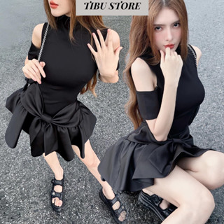 Đầm Body Hở Vai Phối Nơ Xoè (tặng quần bảo hộ) TIBU Jumpsuit Đen Dáng Xoè Nơ Eo Ôm Dáng Đi Chơi Dự Tiệc Đều Xinh