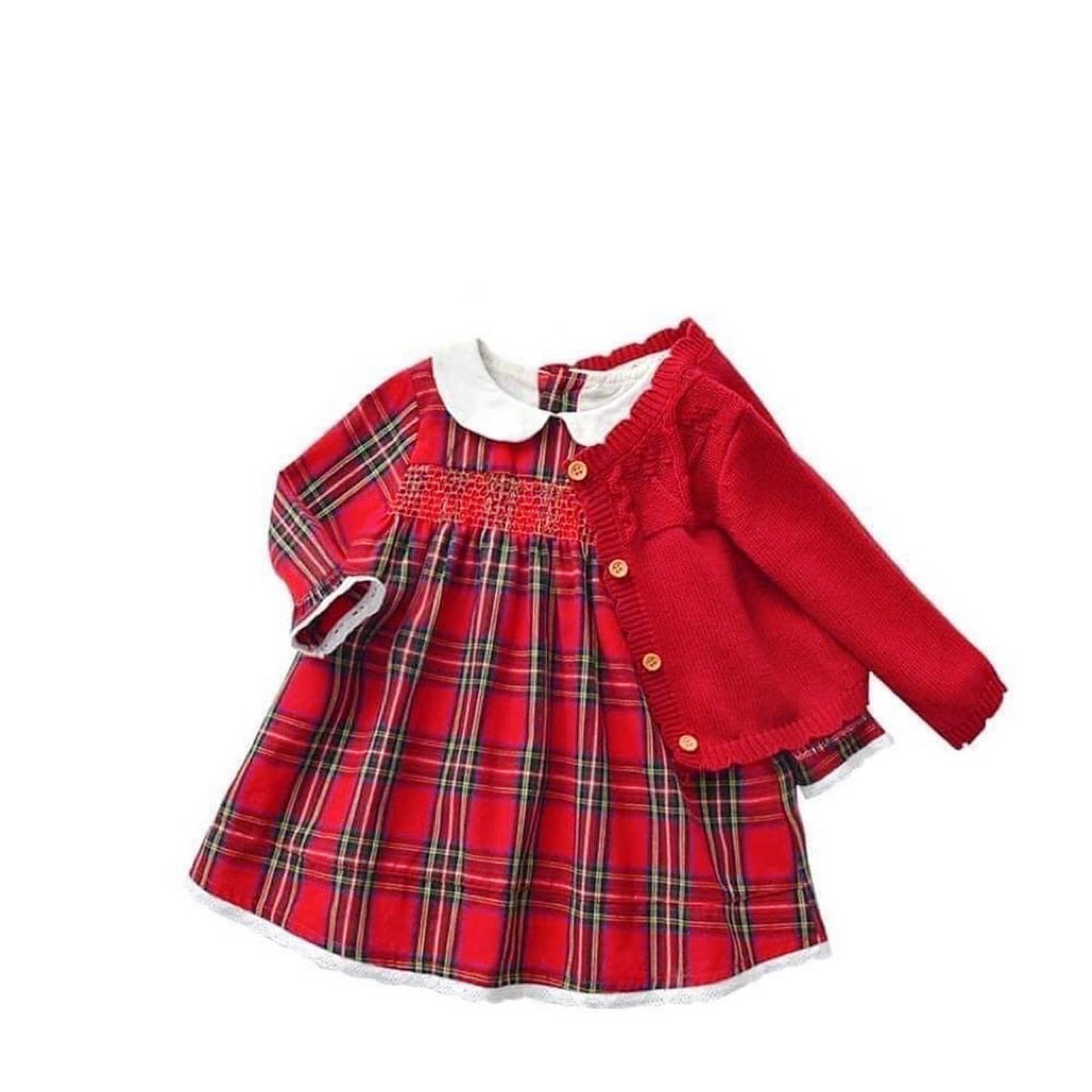 Váy bé gái , sét váy caro đỏ phối áo len vặn thừng cho bé diện noel , lễ tết siêu đáng yêu
