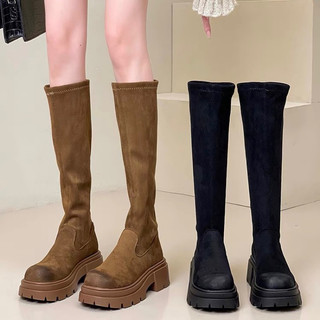 Bốt nữ da lộn cổ cao dưới đầu gối đan dây đế cao 5cm
