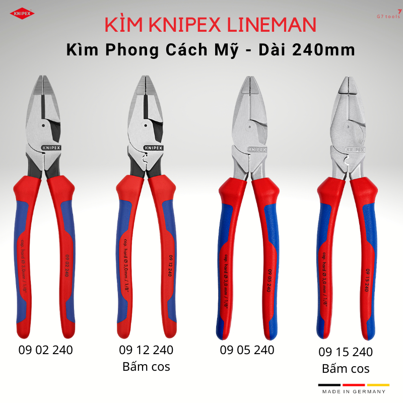 Kìm Đa Năng Knipex Lineman Chiều Dài 240mm Phong Cách Mỹ 09 02 240/ 09 12 240/ 09 05 240 và 09 15 240 / 09 01 240