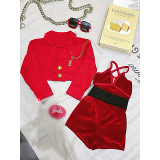 Set jum nhung kèm khoác vest kaki cho bé gái a2-20