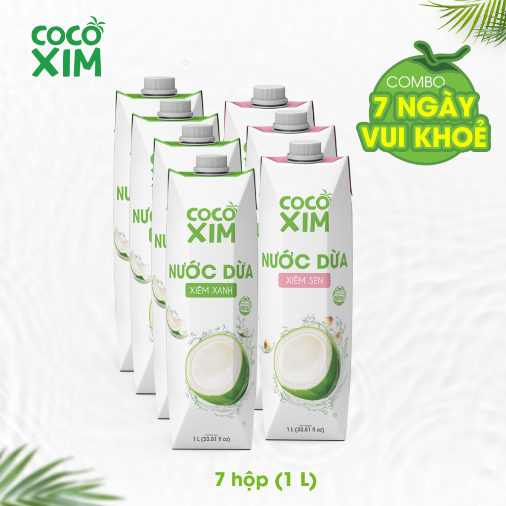 Nước Dừa COCOXIM Combo 7 ngày vui khỏe -3 hộp Dừa Xiêm Sen+4 hộp Nước Dừa Xiêm Xanh 1000ml/hộp