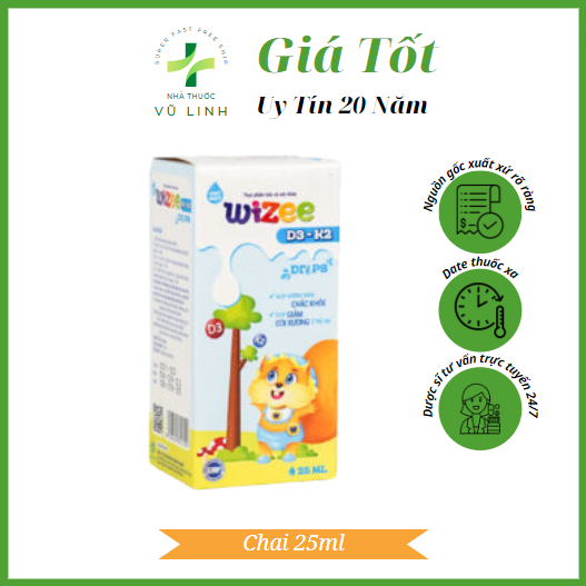 Thực Phẩm Bổ Sung Nhỏ Giọt Wizee D3 K2 giúp tăng cường hấp thụ Calci, phát triển chiều cao cho Trẻ (Chai 25ml)