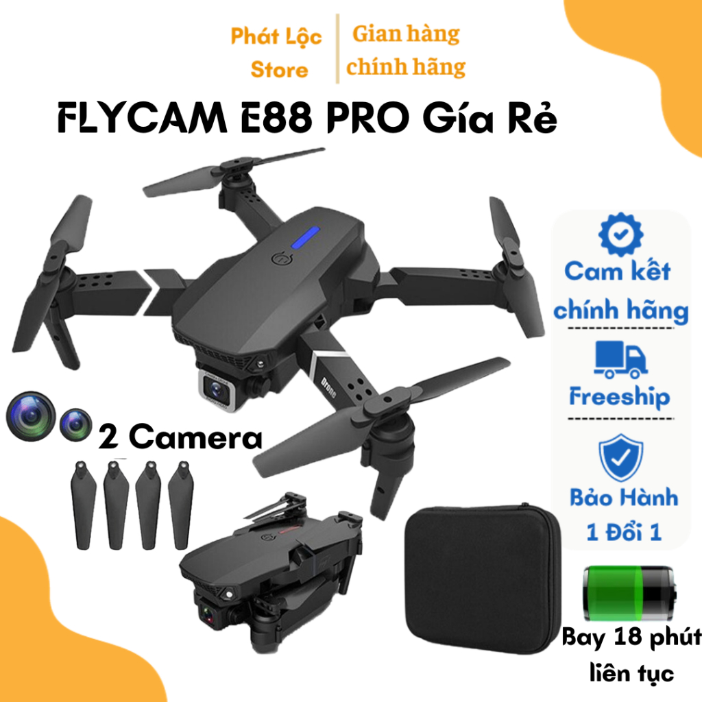 Flycam Mini Giá Rẻ Drone E88 Pro, Máy Bay Điều Khiển Từ Xa 4 Cánh Cao Cấp 2 Camera Pin 1800mAh bay 18 Phút | BigBuy360 - bigbuy360.vn