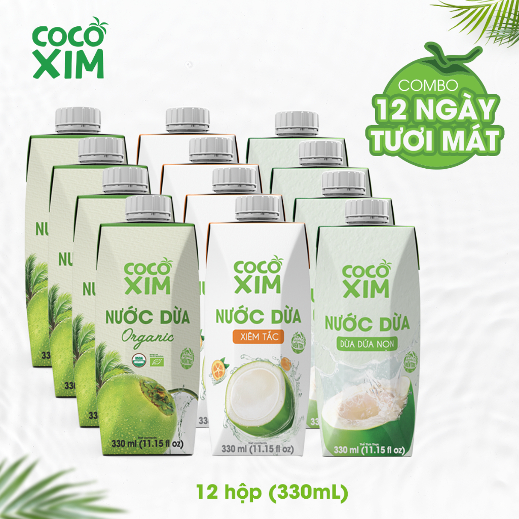 Combo Nước Dừa Cocoxim 12 ngày tươi mát - 4hộpDừa Organic+4 hộp Dừa Xiêm Tắc+4 hộp Dừa Dứa Non 330ml/Hộp