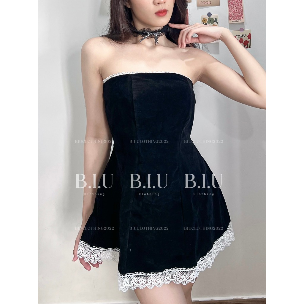 Đầm nhung phom xòe viền ren kèm chocker Cin Dress Biu Clothing BB0189