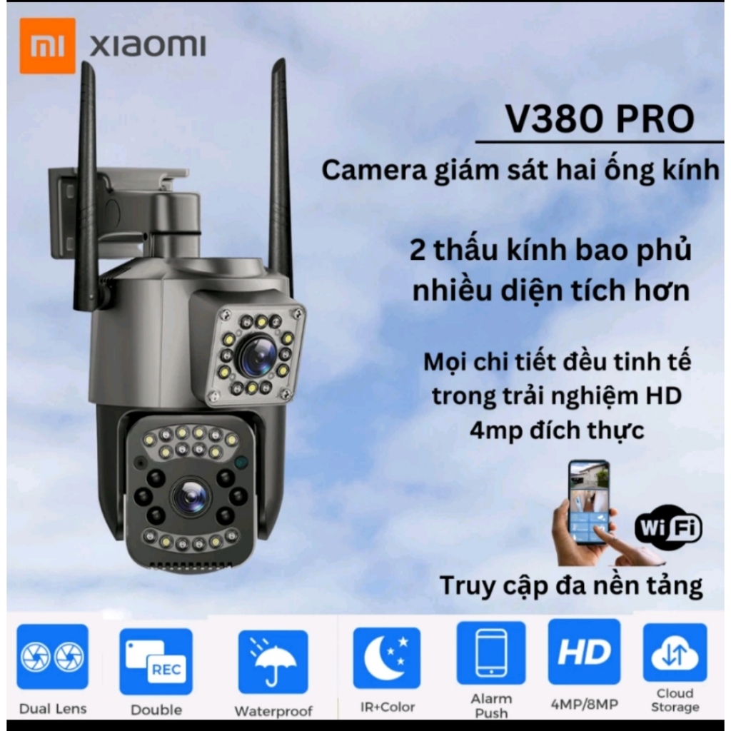 Camera 2 mắt quan sát V380 wifi không dây ngoài trời 4k ultra HD xoay 360 độ màu sắc ban đêm giao tiếp 2 chiều báo động