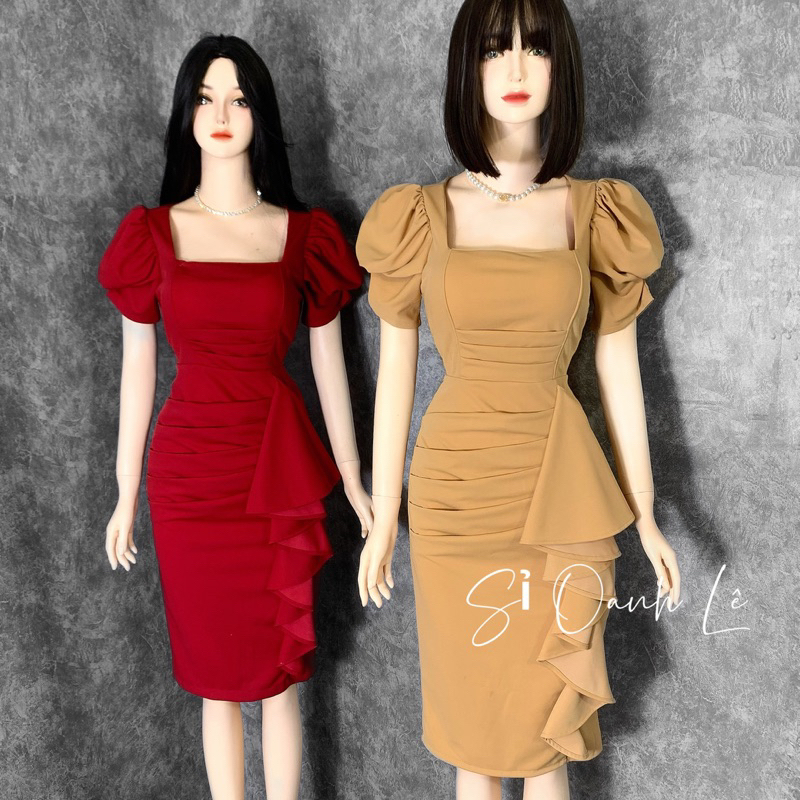 Đầm body cổ vuông thiết kế tay phồng size M, L, XL