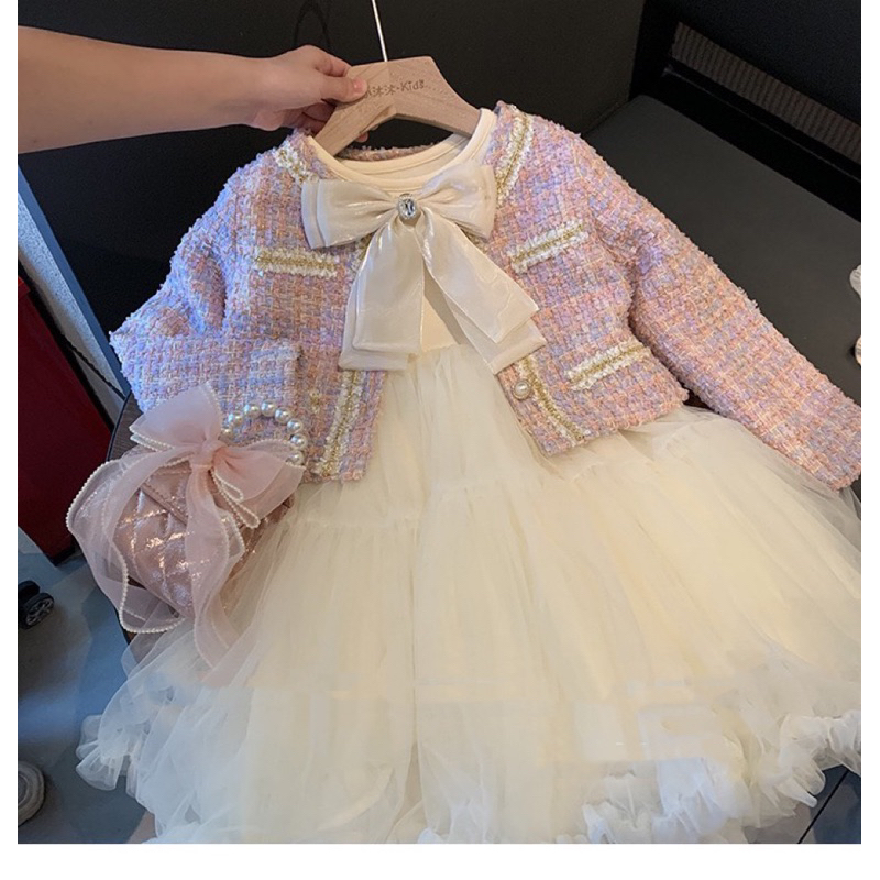 Váy bé gái , Sét đầm công chúa vải dạ teck đan sợi váy zip hàn phối 3 lớp lưới tiểu thư cho bé gái 10-30kg
