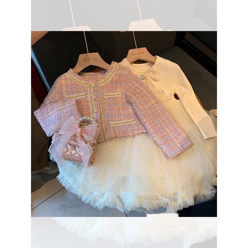 Váy bé gái , Sét đầm công chúa vải dạ teck đan sợi váy zip hàn phối 3 lớp lưới tiểu thư cho bé gái 10-30kg