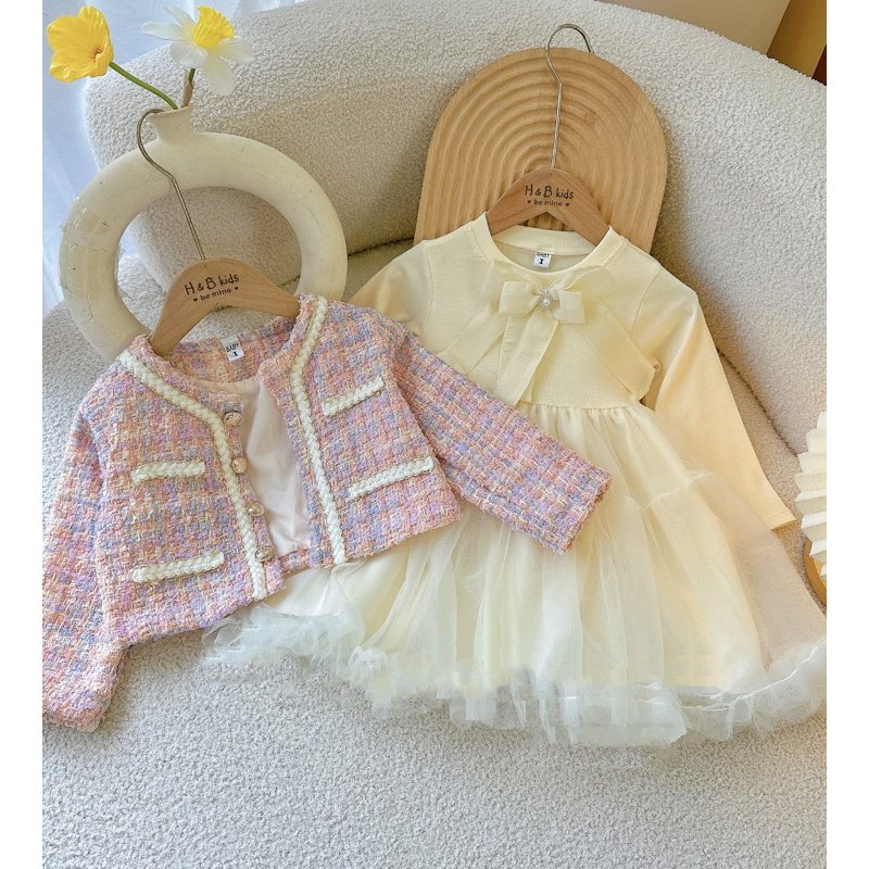 Váy bé gái , Sét đầm công chúa vải dạ teck đan sợi váy zip hàn phối 3 lớp lưới tiểu thư cho bé gái 10-30kg