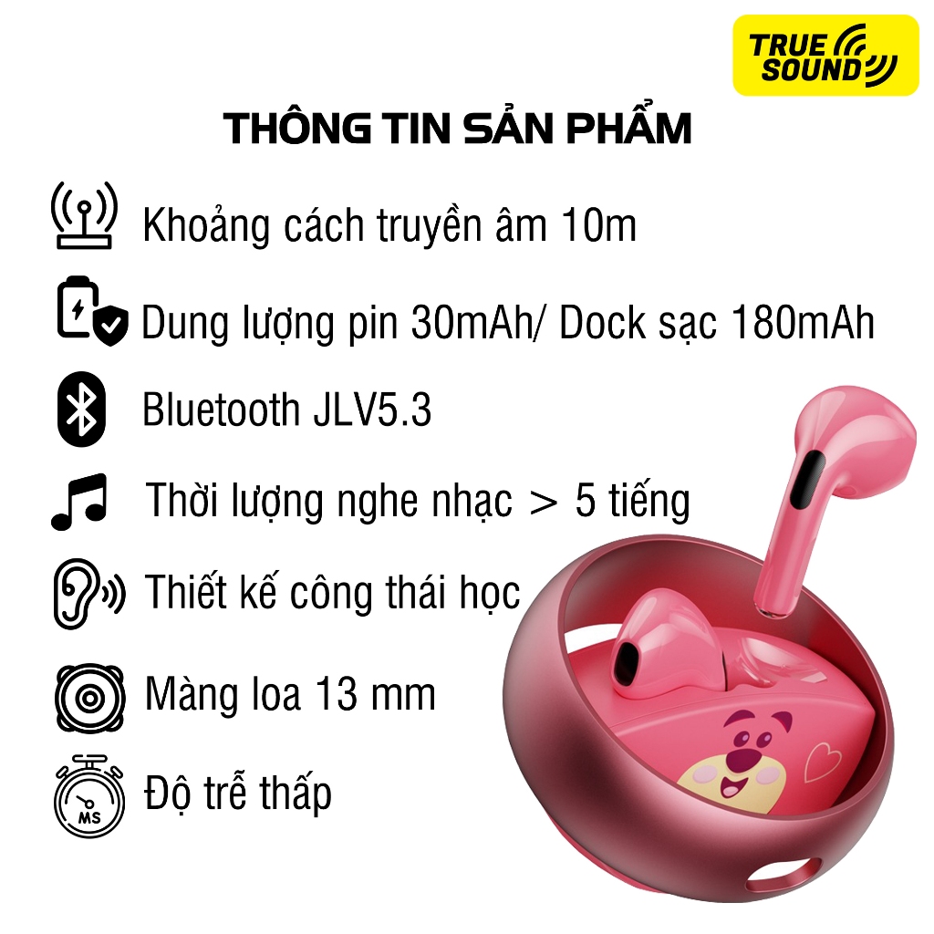 Tai nghe Bluetooth DISNEY TWS QS13 5.3V. Thiết kế dựa theo nhân vật hoạt hình Disney ngộ nghĩnh.