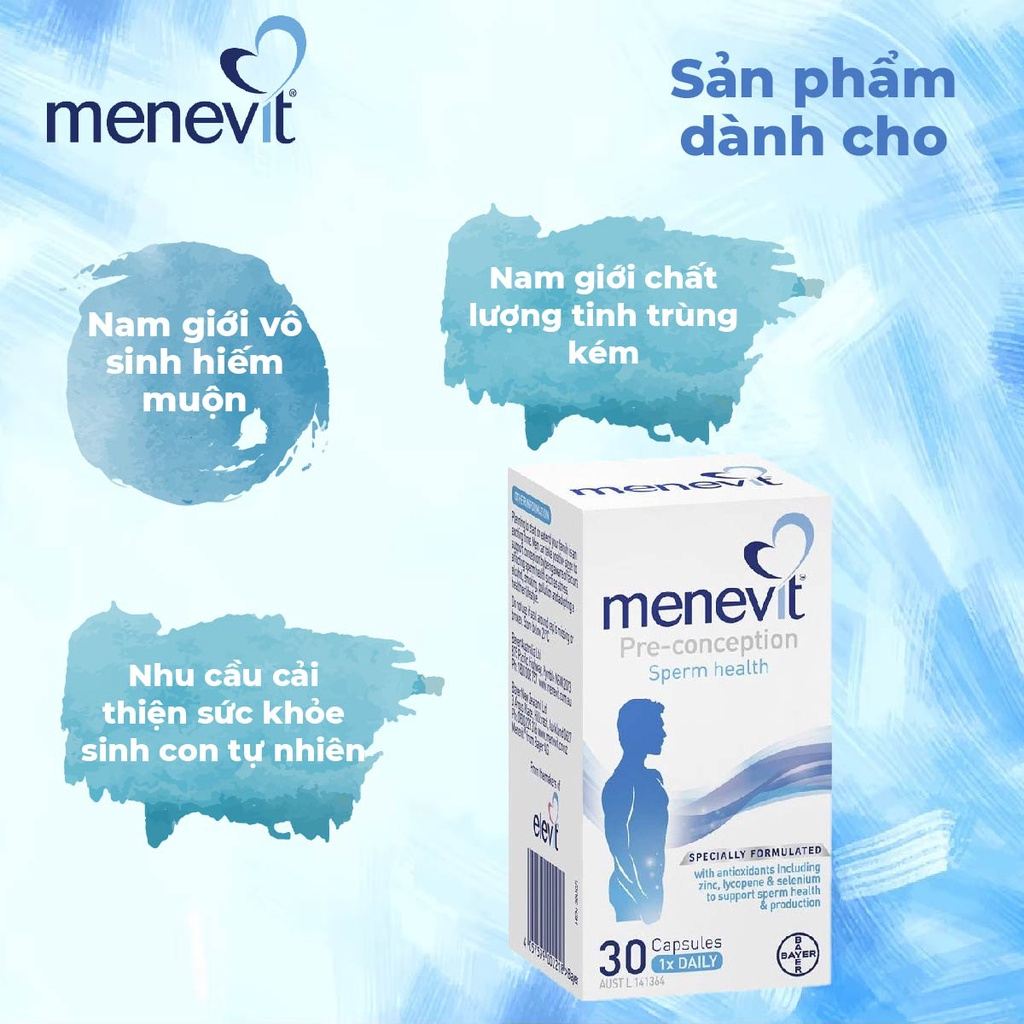 Viên Uống Menevit Úc hỗ trợ tăng chất lượng tinh trùng cho nam 30/90 viên Úc