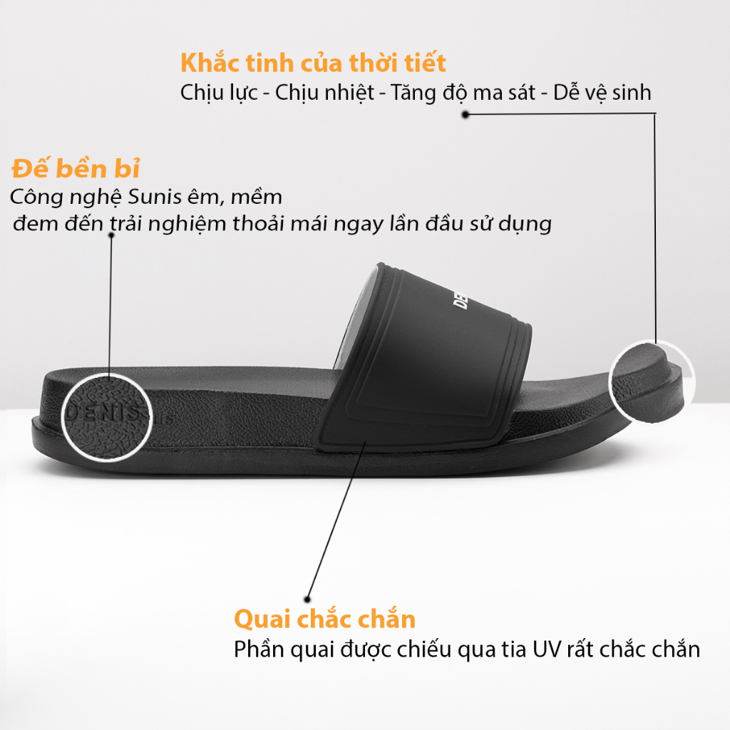 Dép quai ngang Denis Unisex Slipper DT02 đế PU quai PVC màu đen chữ trắng Ngoài trời