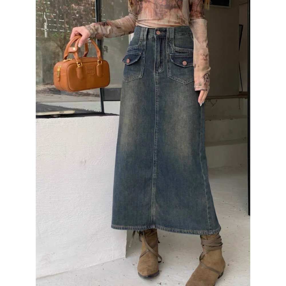 Chân váy jean dài chữ A cạp cao có túi phong cách retro KIMII 212 P0K27