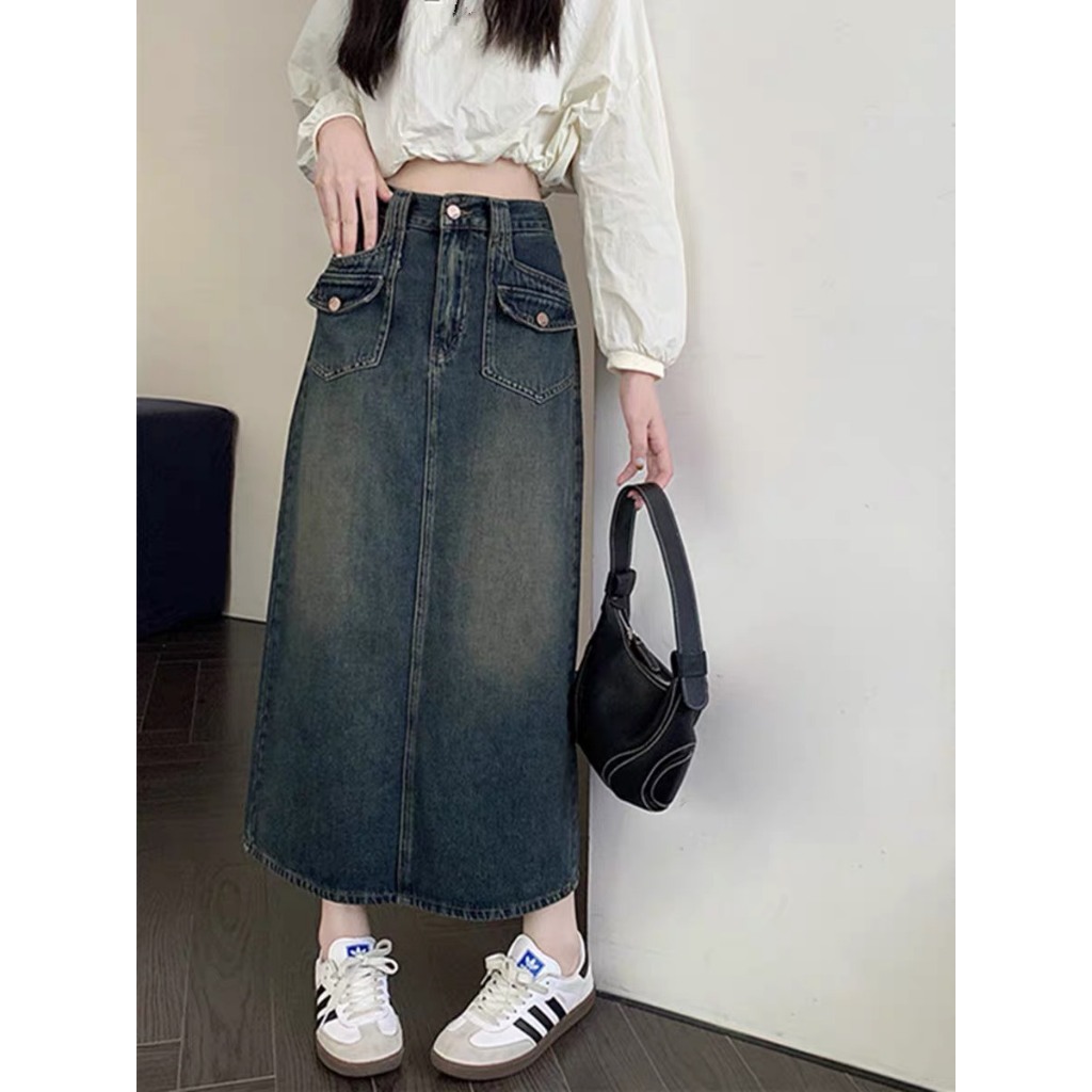 Chân váy jean dài chữ A cạp cao có túi phong cách retro KIMII 212 P0K27