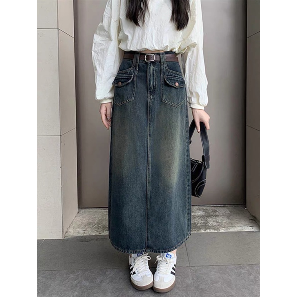 Chân váy jean dài chữ A cạp cao có túi phong cách retro KIMII 212 P0K27