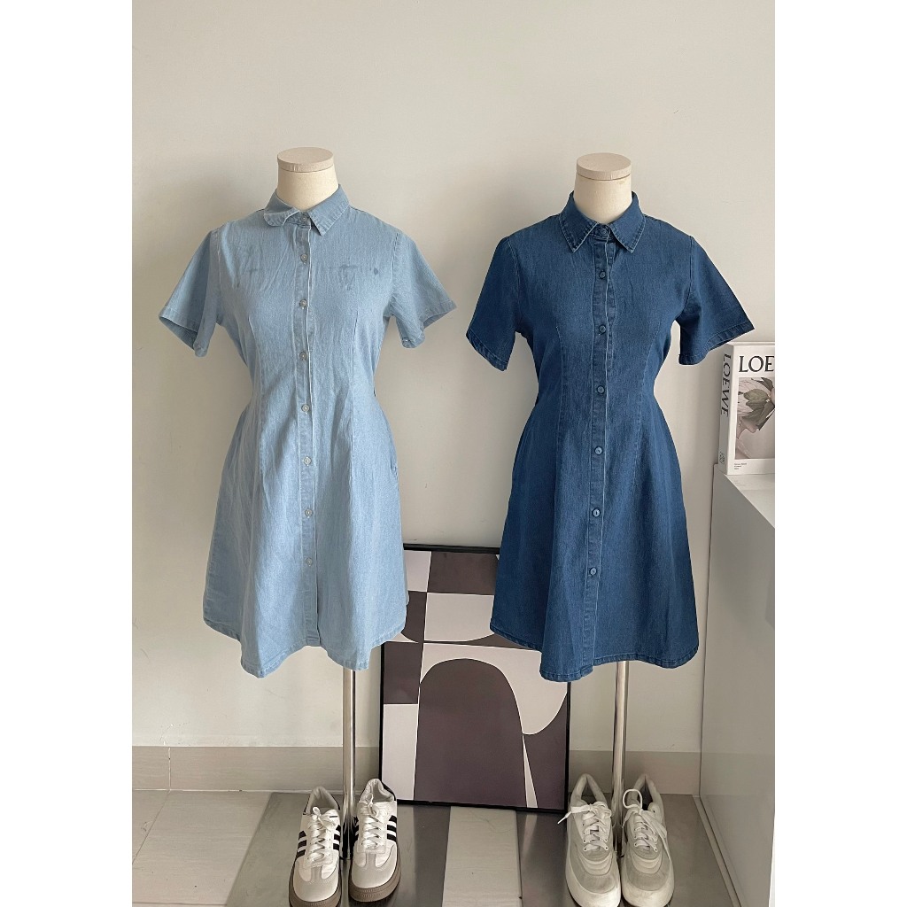 Váy denim dáng suông cúc giữa có chun lưng thời trang B.Y Tea Clothing