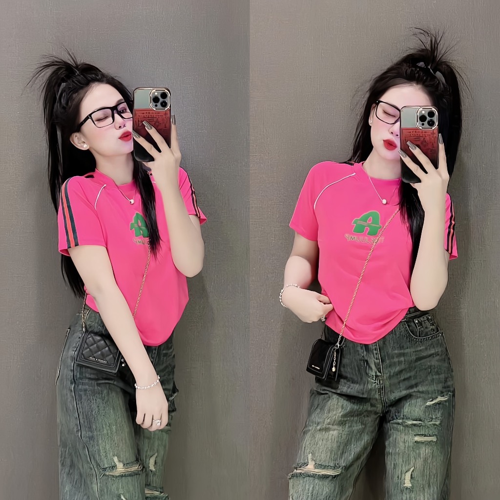 Áo thun babytee  - May thêu soc vai , viền lé , chữ A