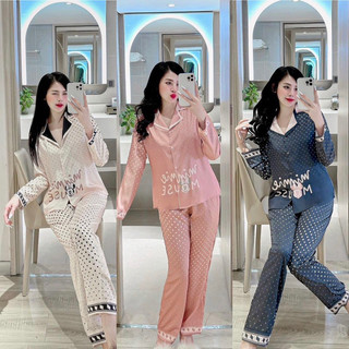 Bộ ngủ tay dài lụa xước chấm bi