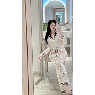 Bộ Ngủ Tay Dài Lụa Xước chấm Bi