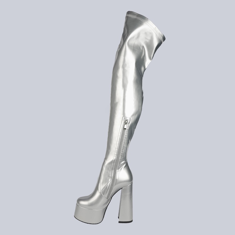 SẴN 39 BOOT BẠC DA LÌ CAO 15CM GÓT TRỤ DÀI QUA GỐI LÓT LÔNG CHỐNG THẤM HÚT MỒ HÔI