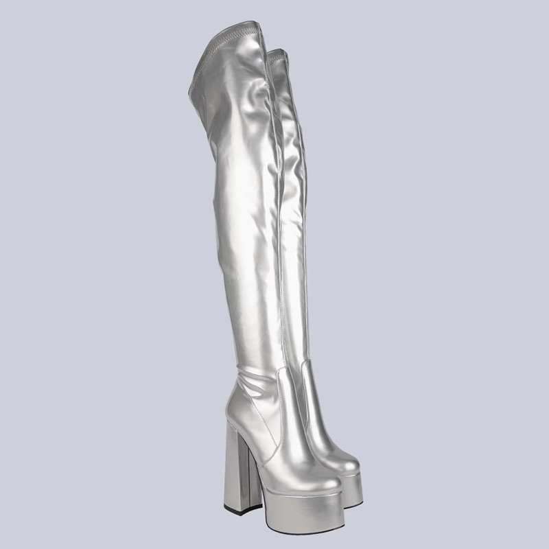SẴN 39 BOOT BẠC DA LÌ CAO 15CM GÓT TRỤ DÀI QUA GỐI LÓT LÔNG CHỐNG THẤM HÚT MỒ HÔI