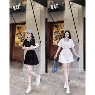 Đầm kaki phong cách HÀn phối cổ jean cài nút cổ bẻ thân trên kèm dây rút eo sang chảnh