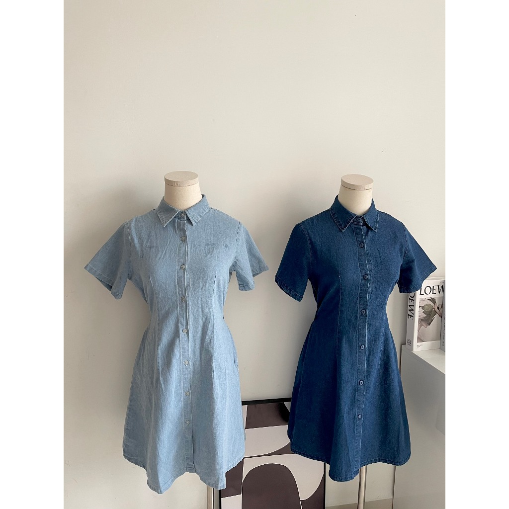 Váy denim dáng suông cúc giữa có chun lưng thời trang B.Y Tea Clothing