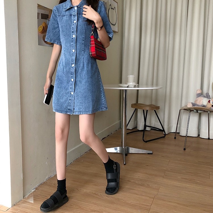 Váy denim dáng suông cúc giữa có chun lưng thời trang B.Y Tea Clothing