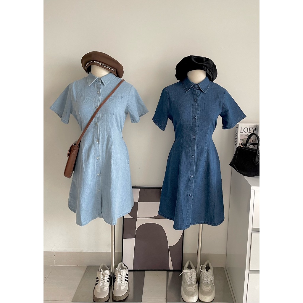 Váy denim dáng suông cúc giữa có chun lưng thời trang B.Y Tea Clothing