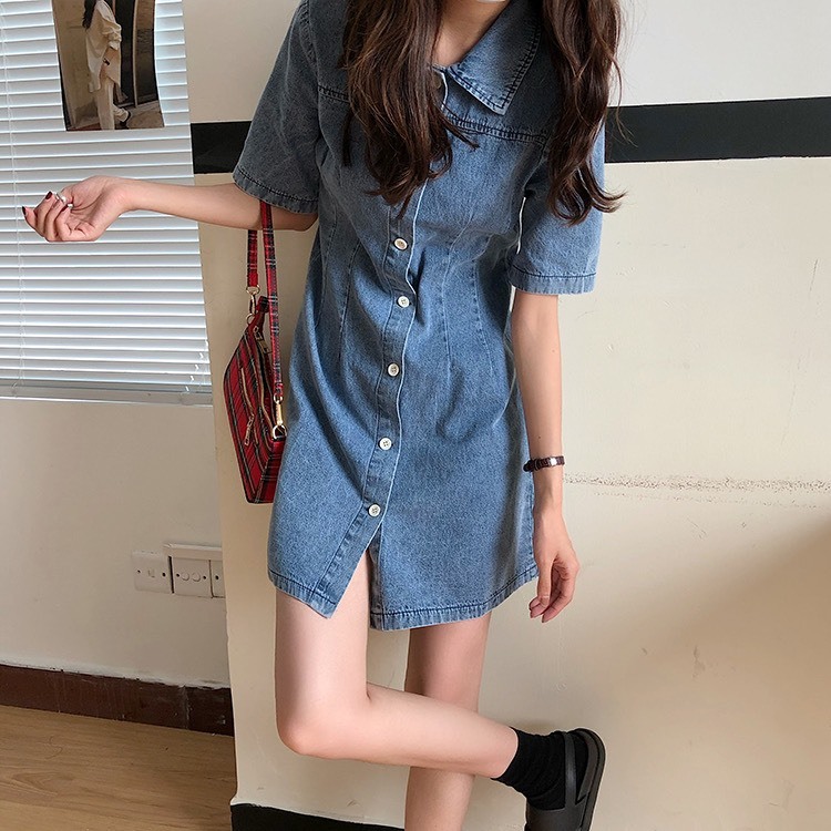 Váy denim dáng suông cúc giữa có chun lưng thời trang B.Y Tea Clothing
