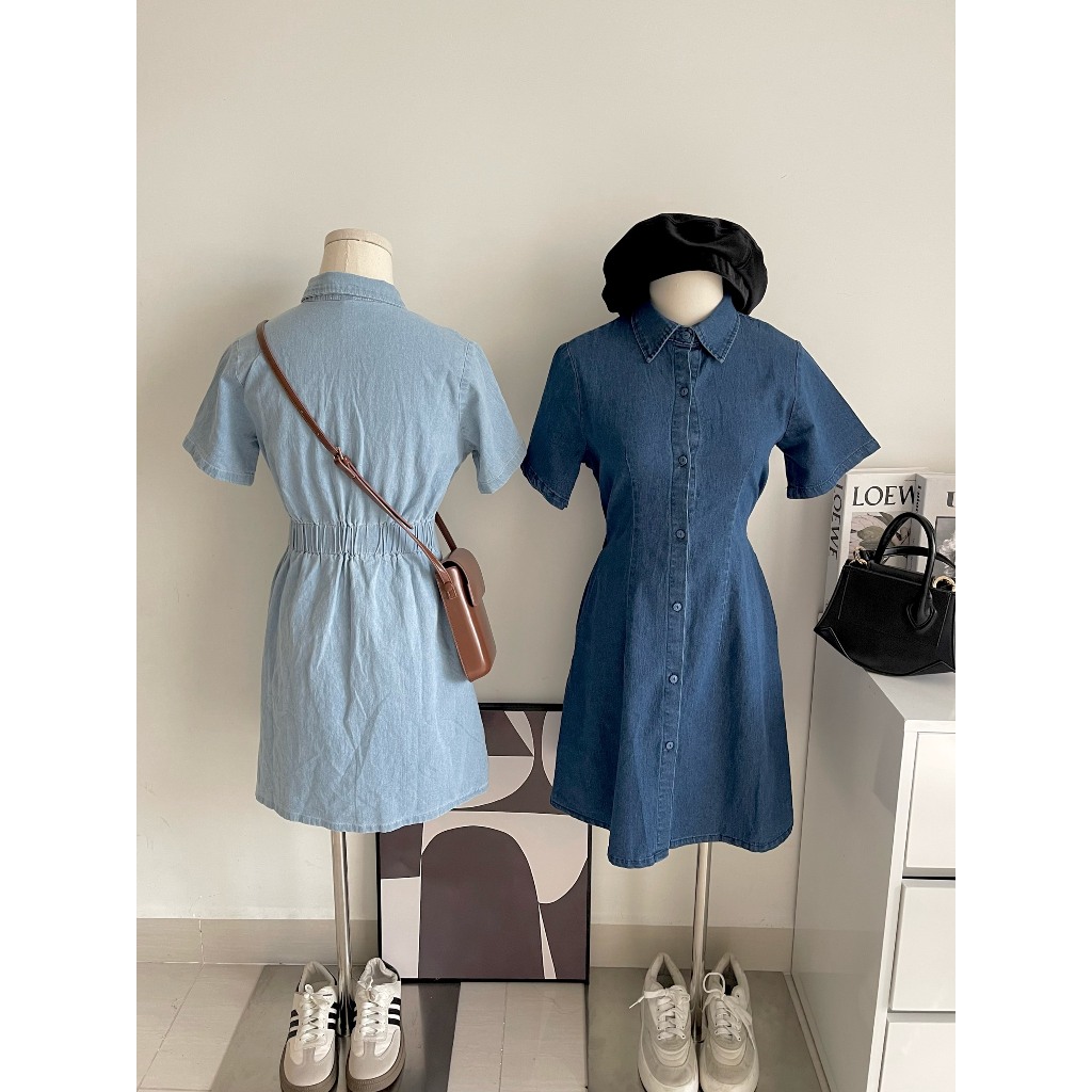 Váy denim dáng suông cúc giữa có chun lưng thời trang B.Y Tea Clothing