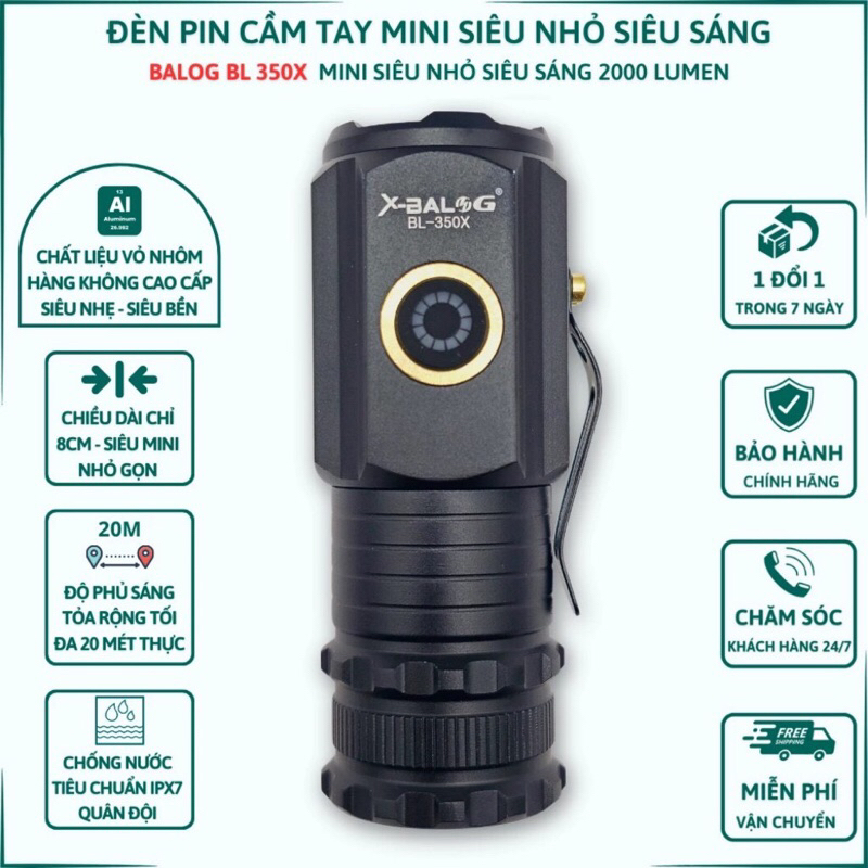Đèn pin cầm tay mini siêu nhỏ siêu sáng tỏa X-BALOG 350X vỏ nhôm chống nước IPX7 độ sáng tối đa 2000 lumen Đèn cầm tay