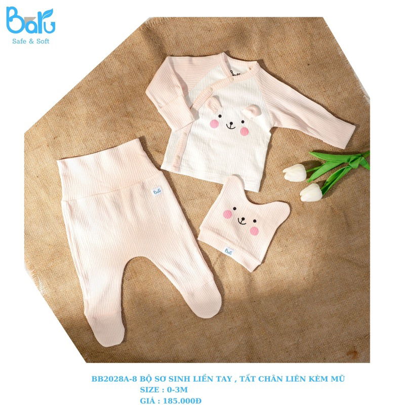 Baru - Bộ sơ sinh liền tay tất chân liền kèm mũ