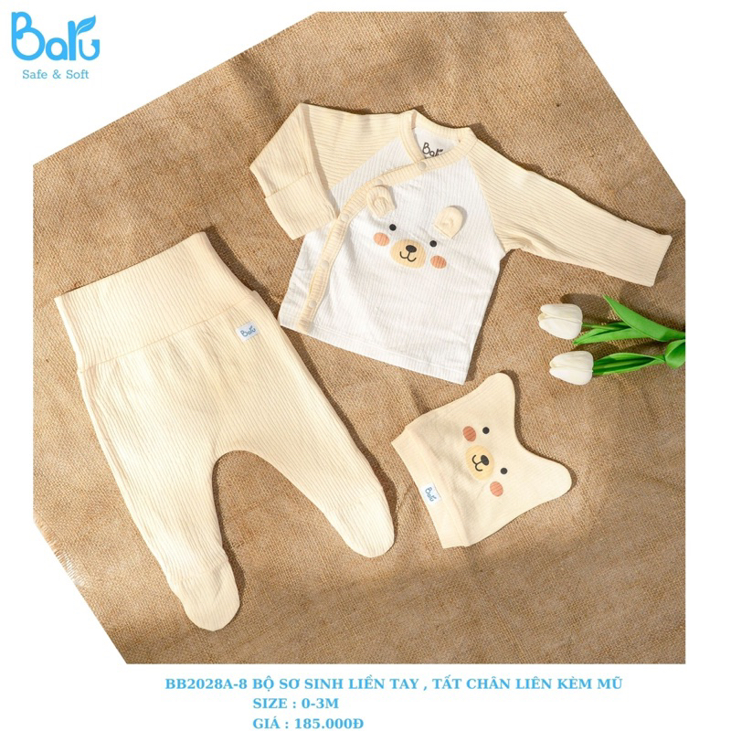 Baru - Bộ sơ sinh liền tay tất chân liền kèm mũ