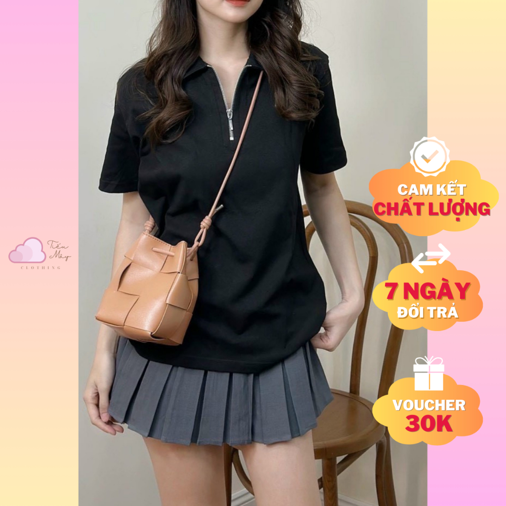 Áo POLO nữ cổ kéo khoá trơn x TIEUMAY, áo thun nữ cổ kéo khoá trơn 100% cotton dày dặn TMPL01