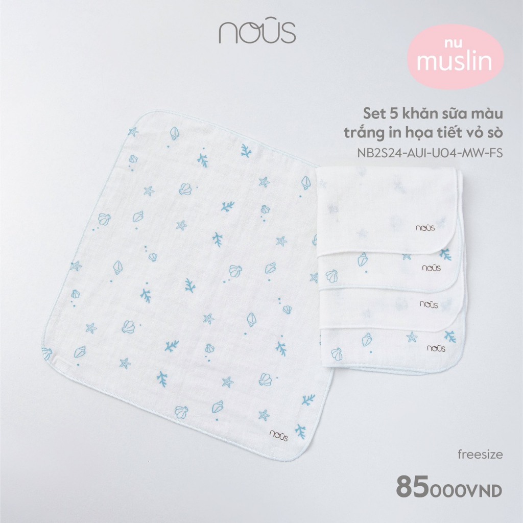 Nous - Sét 5 khăn sữa màu trắng họa tiết Muslin NB2S24-AU1-U0