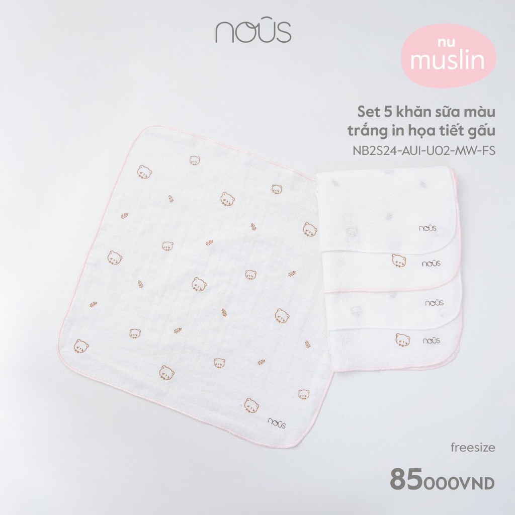 Nous - Sét 5 khăn sữa màu trắng họa tiết Muslin NB2S24-AU1-U0