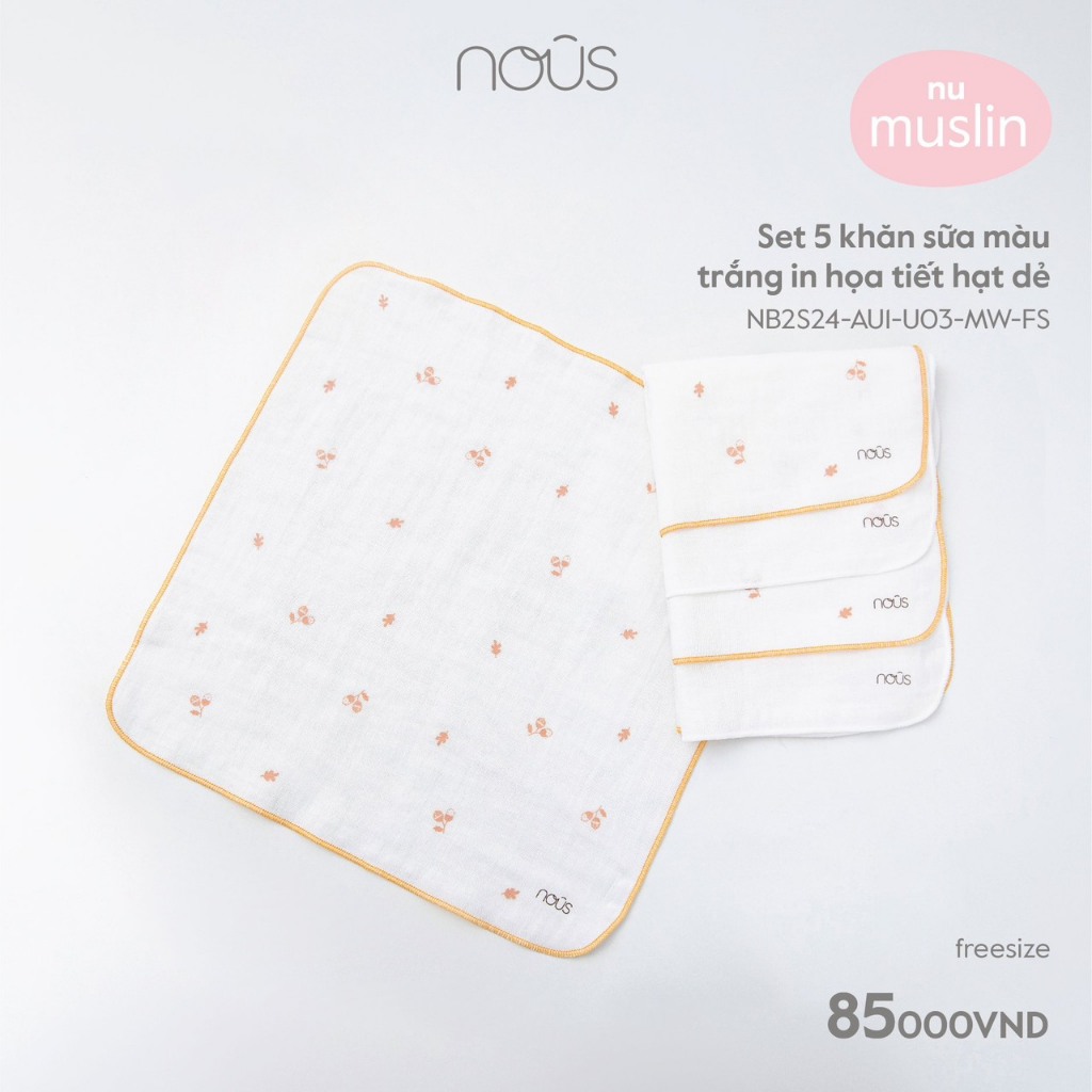 Nous - Sét 5 khăn sữa màu trắng họa tiết Muslin NB2S24-AU1-U0