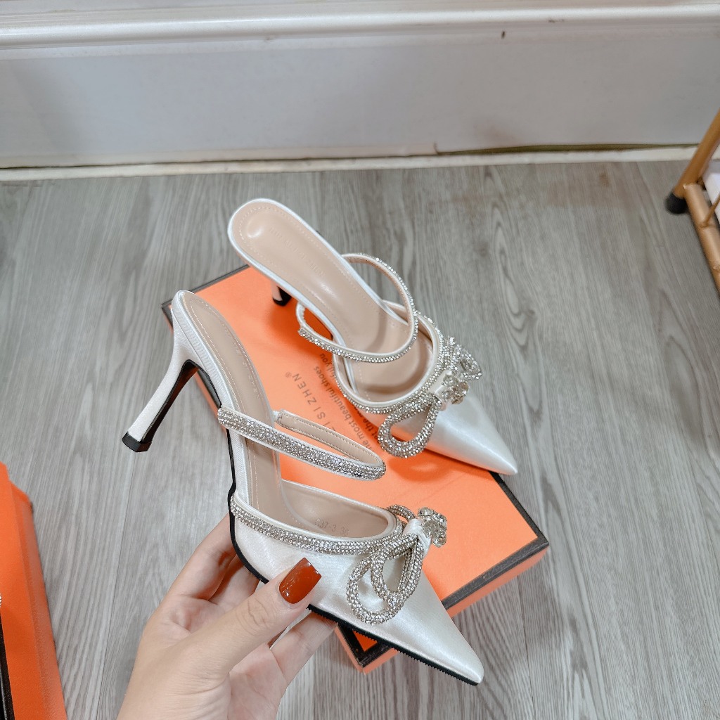 Giày sục nơ đá bạc mũi nhọn gót 7cm Fullbox