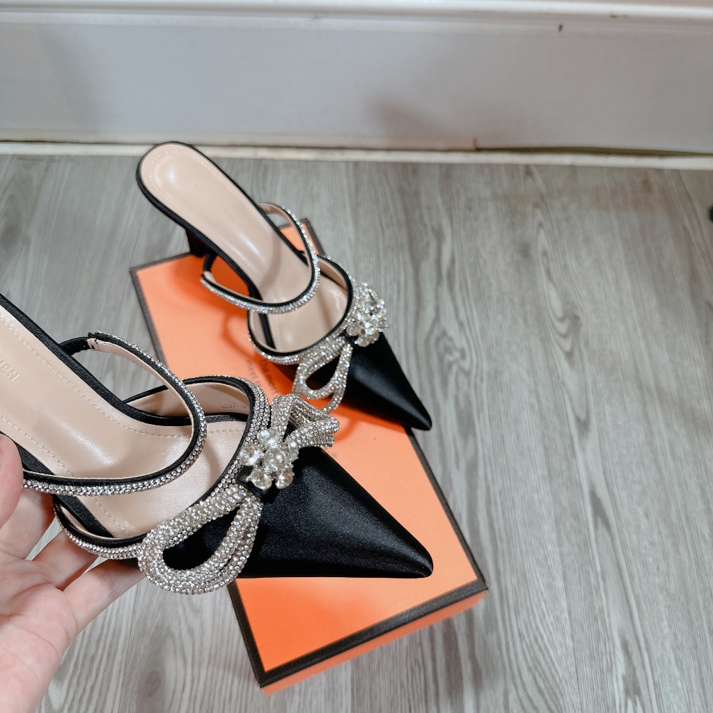 Giày sục nơ đá bạc mũi nhọn gót 7cm Fullbox